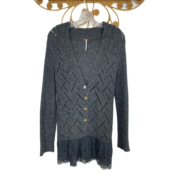 Free People Sweaters - Free People Dark Gray Pointelle Knit Cardigan Eyelet Peplum hem S